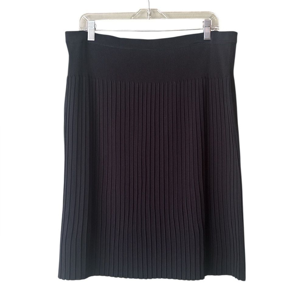 Ming Wang Black Knee Length Midi Pleated Knit Pull On Elastic Waist Skirt Sz PXL